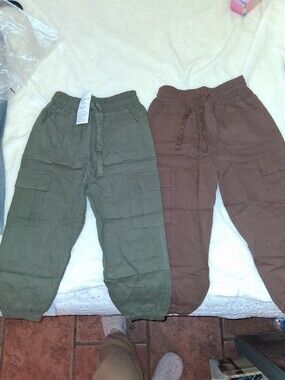 Kids Cargo Pants with Elastic Waist - Olive Green & Brown